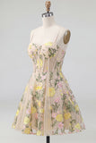 Floral Champagne A Line Spaghetti Straps Corset Mini Dress