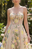 Floral Champagne A Line Spaghetti Straps Corset Midi Wedding Guest Dress