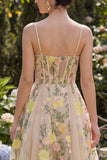 Floral Champagne A Line Spaghetti Straps Corset Midi Wedding Guest Dress
