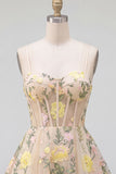 Floral Champagne A Line Spaghetti Straps Corset Mini Dress
