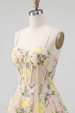 Floral Champagne A Line Spaghetti Straps Corset Mini Dress