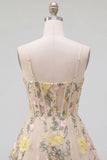 Floral Champagne A Line Spaghetti Straps Corset Mini Dress