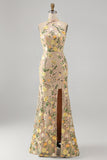 Halter Champagne Mermaid Floral Wedding Guest Dress with Slit