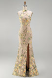 Halter Champagne Mermaid Floral Wedding Guest Dress with Slit