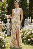 Halter Champagne Mermaid Floral Wedding Guest Dress with Slit