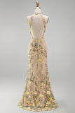 Halter Champagne Mermaid Floral Wedding Guest Dress with Slit