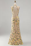 Halter Champagne Mermaid Floral Wedding Guest Dress with Slit
