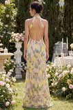 Halter Champagne Mermaid Floral Wedding Guest Dress with Slit