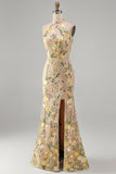 Halter Champagne Mermaid Floral Wedding Guest Dress with Slit