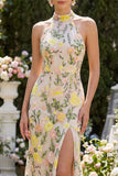 Halter Champagne Mermaid Floral Wedding Guest Dress with Slit