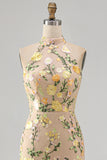 Halter Champagne Mermaid Floral Wedding Guest Dress with Slit