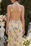 Halter Champagne Mermaid Floral Wedding Guest Dress with Slit