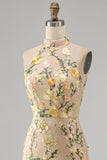 Halter Champagne Mermaid Floral Wedding Guest Dress with Slit