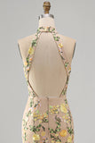 Halter Champagne Mermaid Floral Wedding Guest Dress with Slit