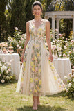 A Line V-Neck Champagne Floral Wedding Guest Dress