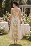 A Line V-Neck Champagne Floral Wedding Guest Dress