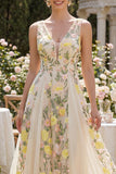 A Line V-Neck Champagne Floral Wedding Guest Dress