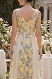 A Line V-Neck Champagne Floral Wedding Guest Dress