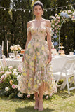 Off the Shoulder Champagne A Line Floral Ruffled Wedding Guest Dress
