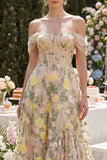 Off the Shoulder Champagne A Line Floral Ruffled Wedding Guest Dress