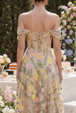 Off the Shoulder Champagne A Line Floral Ruffled Wedding Guest Dress
