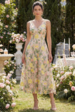 Champagne Floral A Line V-Neck Midi Wedding Guest Dress