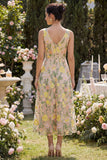 Champagne Floral A Line V-Neck Midi Wedding Guest Dress