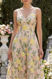 Champagne Floral A Line V-Neck Midi Wedding Guest Dress