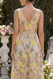 Champagne Floral A Line V-Neck Midi Wedding Guest Dress
