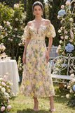 Floral Champagne Off the Shoulder Midi Wedding Guest Dress