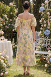 Floral Champagne Off the Shoulder Midi Wedding Guest Dress