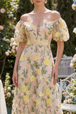 Floral Champagne Off the Shoulder Midi Wedding Guest Dress