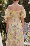 Floral Champagne Off the Shoulder Midi Wedding Guest Dress