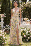 Champagne Spaghetti Straps Floral Wedding Guest Dress with Belt