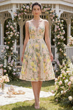 Champagne A Line V-Neck Floral Midi Wedding Guest Dress