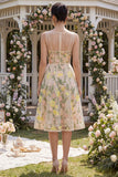 Champagne A Line V-Neck Floral Midi Wedding Guest Dress
