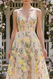 Champagne A Line V-Neck Floral Midi Wedding Guest Dress