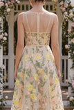 Champagne A Line V-Neck Floral Midi Wedding Guest Dress