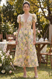 A Line Champagne V-Neck Floral Wedding Guest Dress with Puff Sleeves