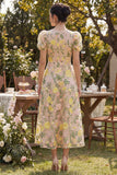 A Line Champagne V-Neck Floral Wedding Guest Dress with Puff Sleeves
