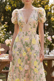 A Line Champagne V-Neck Floral Wedding Guest Dress with Puff Sleeves