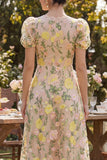 A Line Champagne V-Neck Floral Wedding Guest Dress with Puff Sleeves