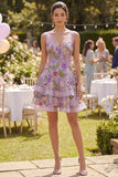 Lilac Ruffled V-Neck Floral Mini Wedding Guest Dress