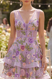 Lilac Ruffled V-Neck Floral Mini Wedding Guest Dress