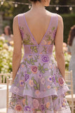 Lilac Ruffled V-Neck Floral Mini Wedding Guest Dress