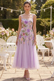 Floral Square Neck Lilac A Line Wedding Guest Dress