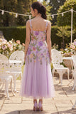 Floral Square Neck Lilac A Line Wedding Guest Dress