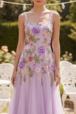 Floral Square Neck Lilac A Line Wedding Guest Dress