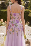 Floral Square Neck Lilac A Line Wedding Guest Dress