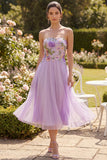 Lilac Strapless Floral A Line Wedding Guest Dress
